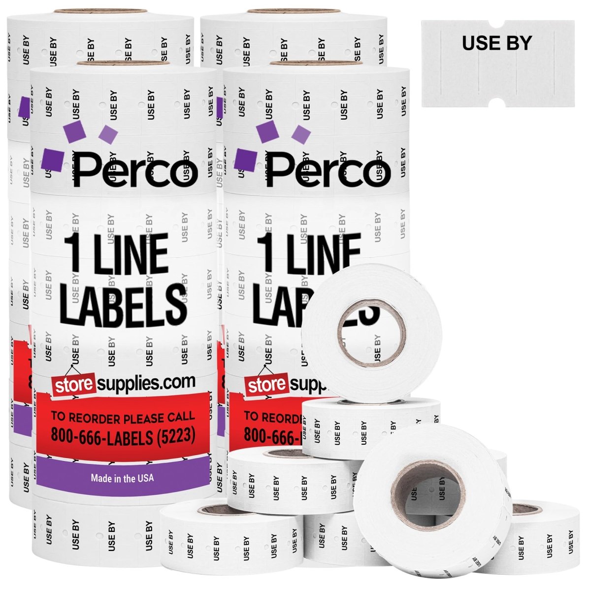 Perco 1 Line Labels - Date Labels - Compatible with compatible_with_product_page | Color: USE BY | Quantity: 4 Sleeves | Adhesive: global.AdhesiveType | SKU: PL-LGW-USE-BY-4SLV-U | - shop_