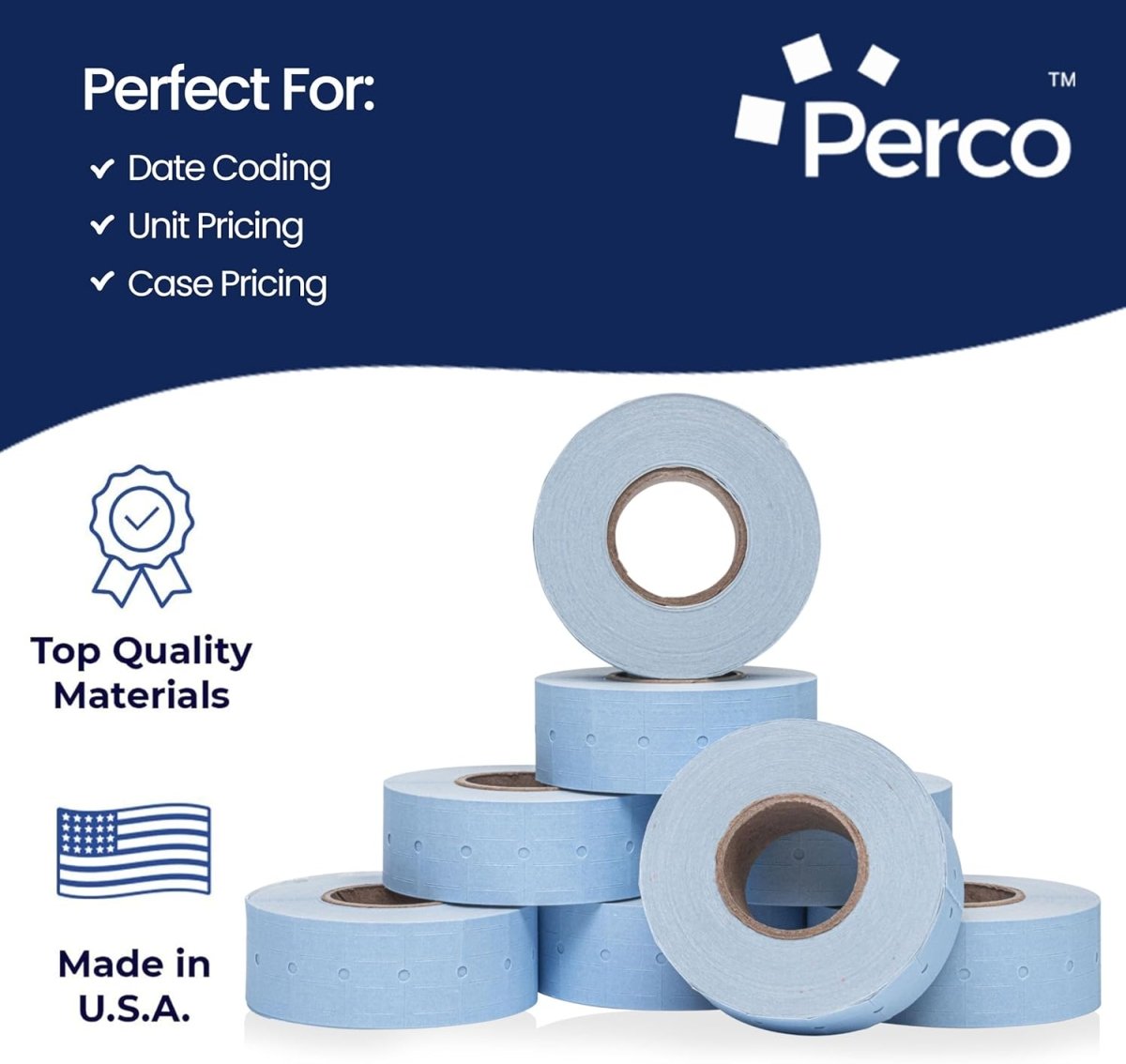 Perco 1 Line - Blank Price and Date Gun Labels for Perco Lite, X, Plus, and Pro 1 Line Price and Date Guns - Blue Package of 4 Sleeves / 32 Rolls / 32000 Blank Pricing Labels