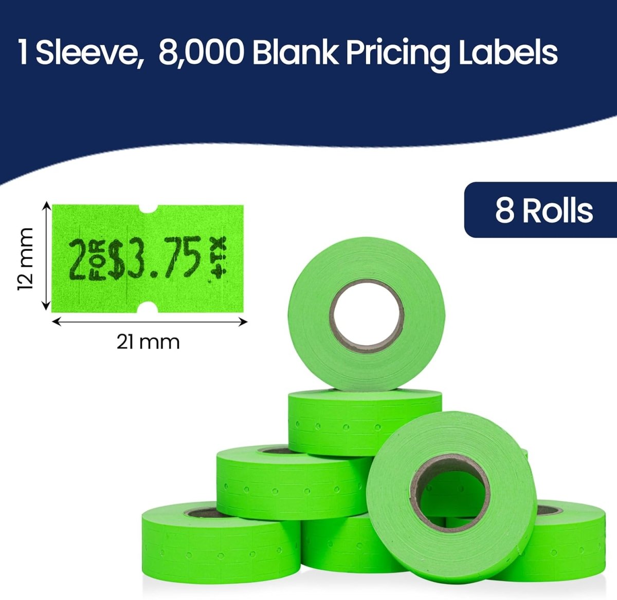 Perco 1 Line - Blank Price and Date Gun Labels for Perco Lite, X, Plus, and Pro 1 Line Price and Date Guns - Fluorescent Green 1 Sleeve / 8 Rolls / 8000 Blank Pricing Labels