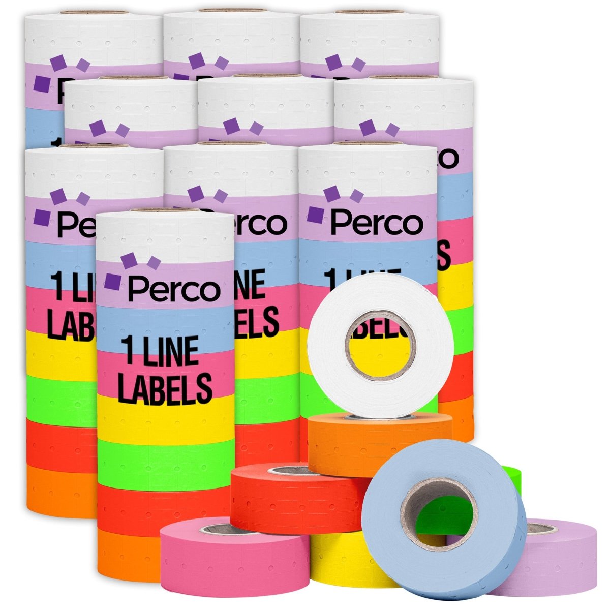Perco 1 Line - Blank Price and Date Gun Labels for Perco Lite, X, Plus, and Pro 1 Line Price and Date Guns - Multicolored Package of 10 Sleeves / 80 Rolls / 80000 Blank Pricing Labels