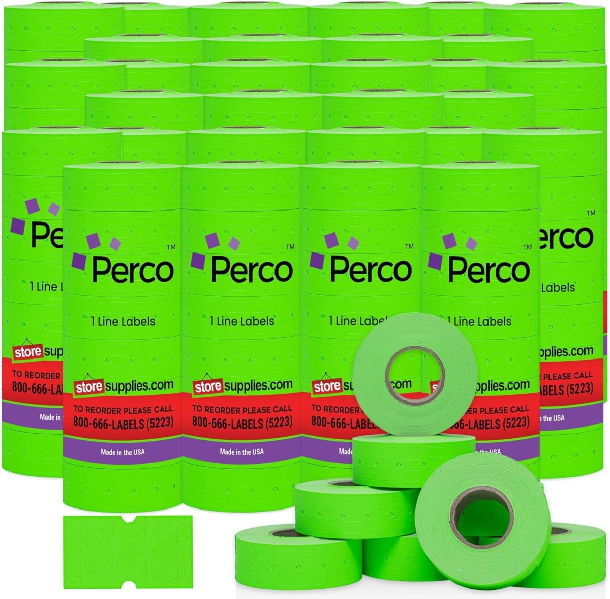 Perco 1 Line - Blank Price and Date Gun Labels for Perco Lite, X, Plus, and Pro 1 Line Price and Date Guns - Fluorescent Green Case of 30 Sleeves / 240 Rolls / 240000 Blank Pricing Labels