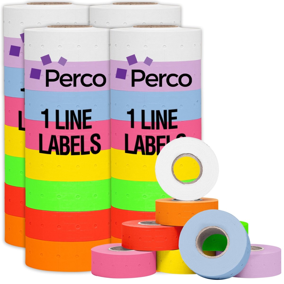 Perco 1 Line - Blank Price and Date Gun Labels for Perco Lite, X, Plus, and Pro 1 Line Price and Date Guns - Multicolored Package of 4 Sleeves / 32 Rolls / 32000 Blank Pricing Labels