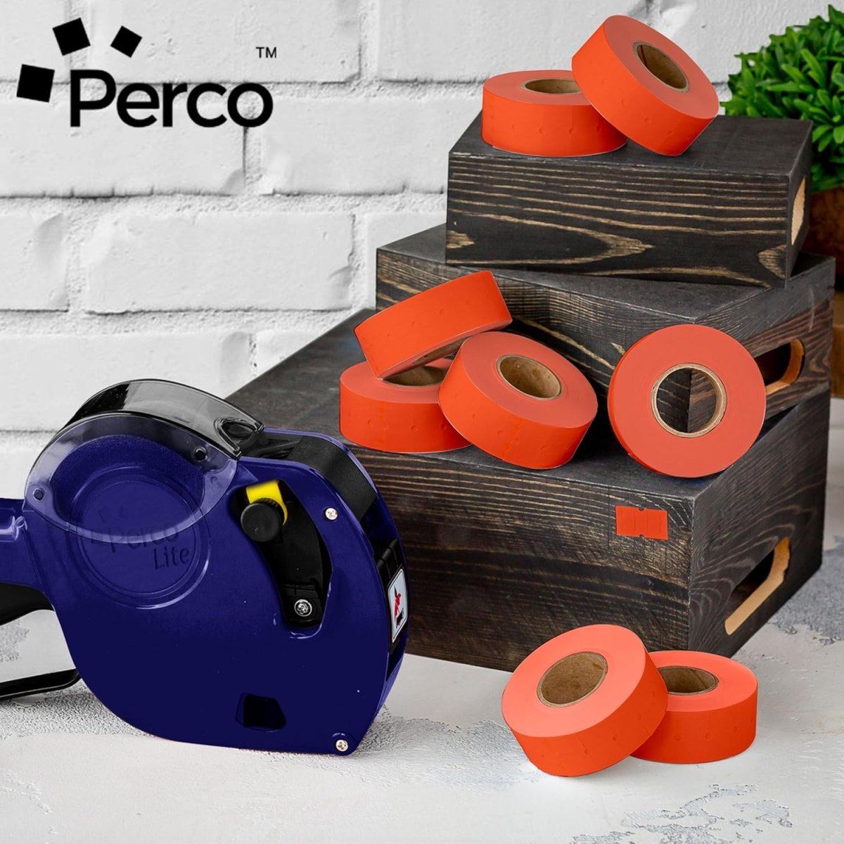 Perco 1 Line - Blank Price and Date Gun Labels for Perco Lite, X, Plus, and Pro 1 Line Price and Date Guns - Fluorescent Red Package of 10 Sleeves / 80 Rolls / 80000 Blank Pricing Labels