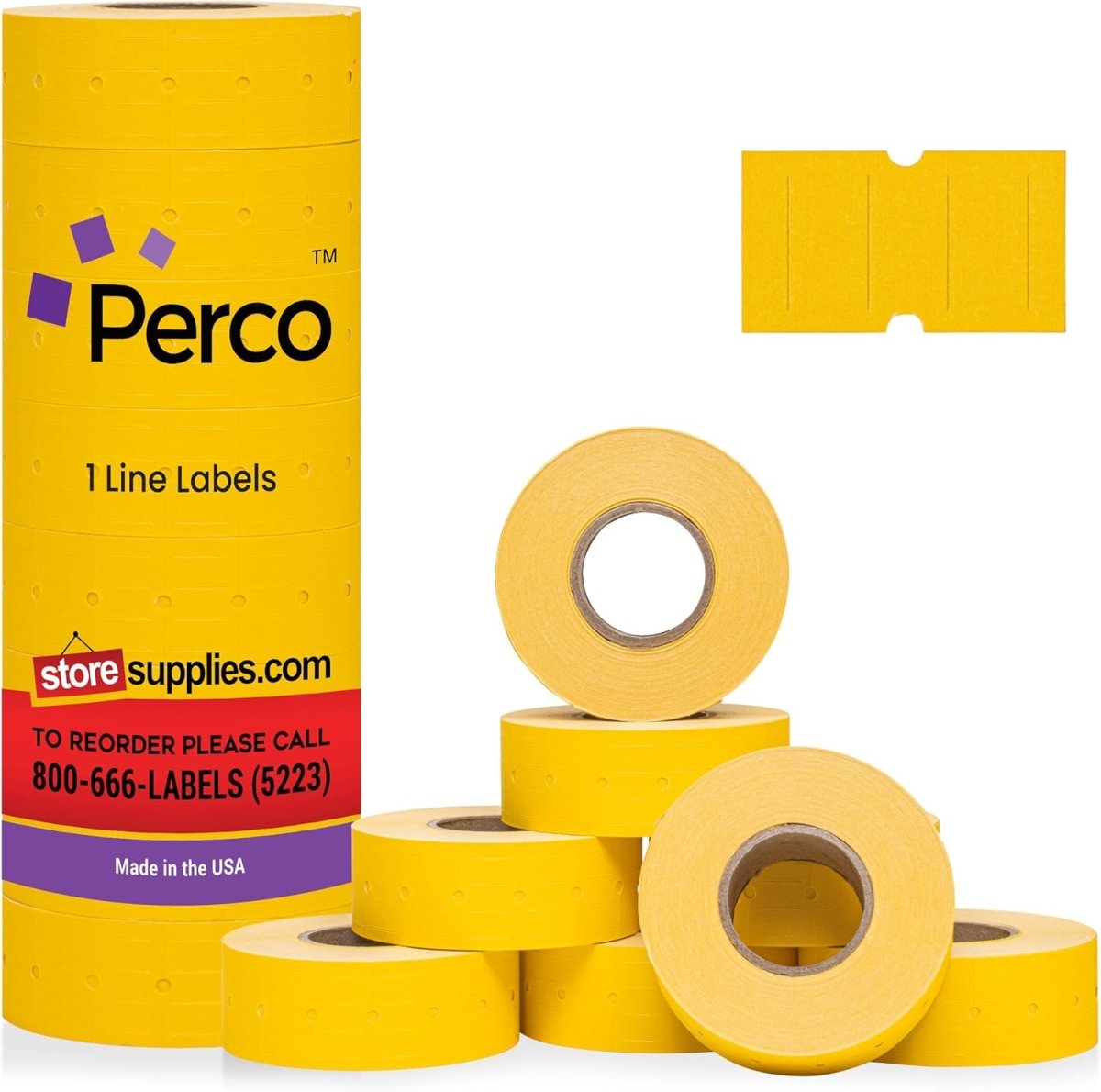 Perco 1 Line - Blank Price and Date Gun Labels for Perco Lite, X, Plus, and Pro 1 Line Price and Date Guns - Yellow 1 Sleeve / 8 Rolls / 8000 Blank Pricing Labels