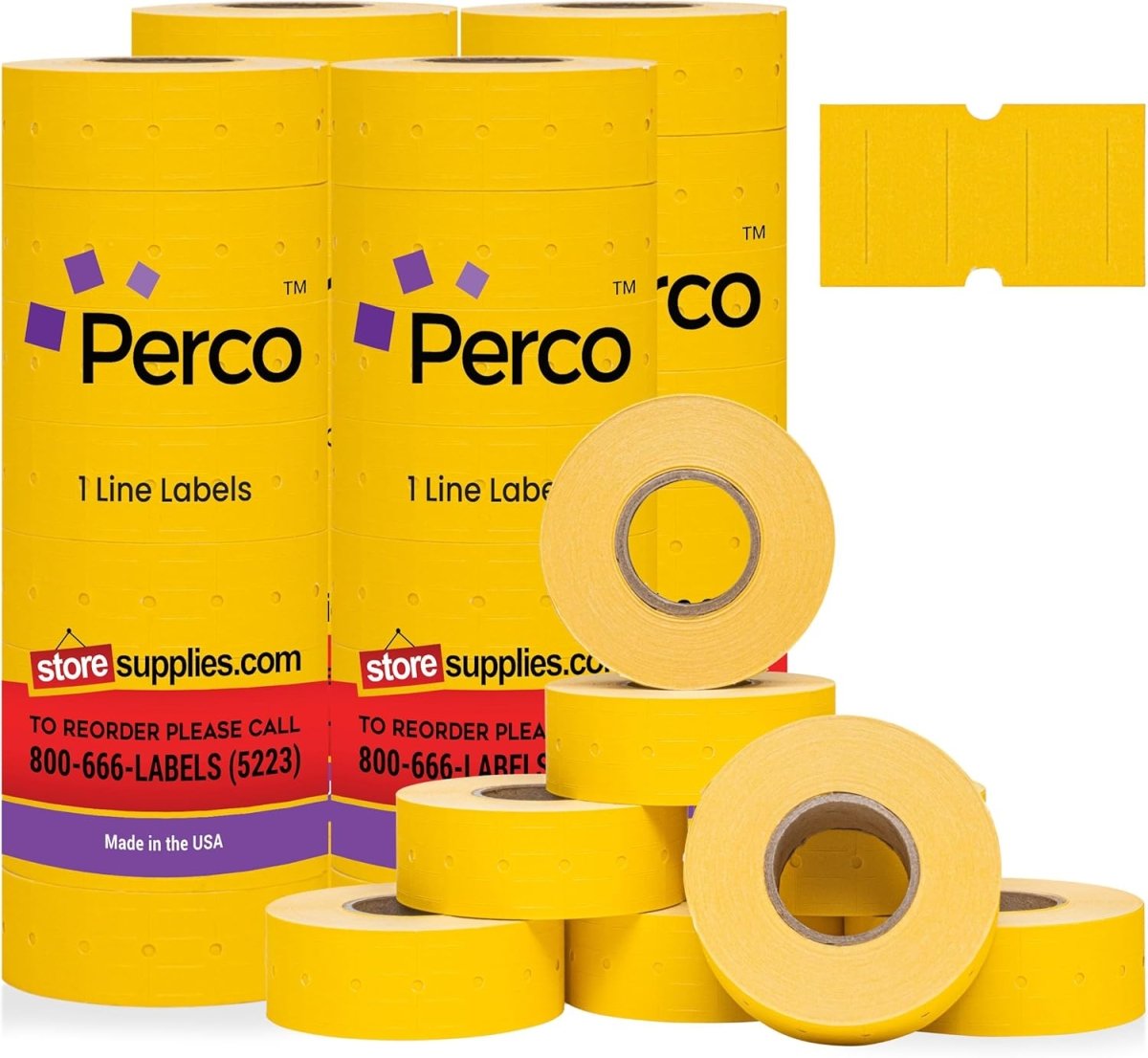 Perco 1 Line - Blank Price and Date Gun Labels for Perco Lite, X, Plus, and Pro 1 Line Price and Date Guns - Yellow Package of 4 Sleeves / 32 Rolls / 32000 Blank Pricing Labels