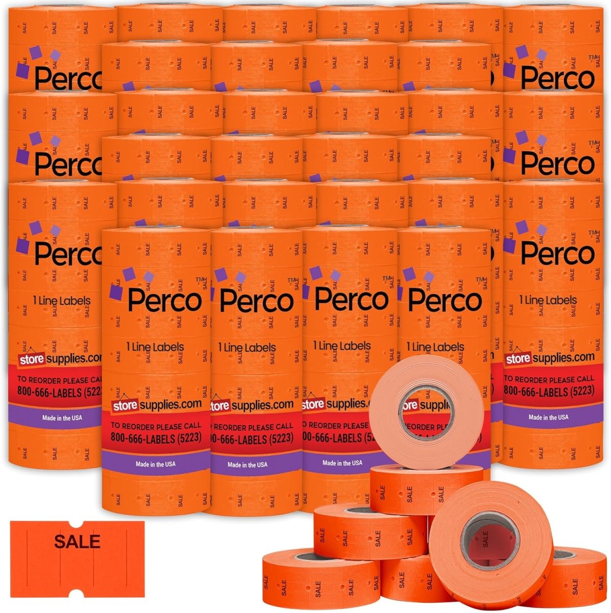 Perco 1 Line - Blank Price and Date Gun Labels for Perco Lite, X, Plus, and Pro 1 Line Price and Date Guns - Fluorescent Red Sale Case of 30 Sleeves / 240 Rolls / 240000 Blank Pricing Labels
