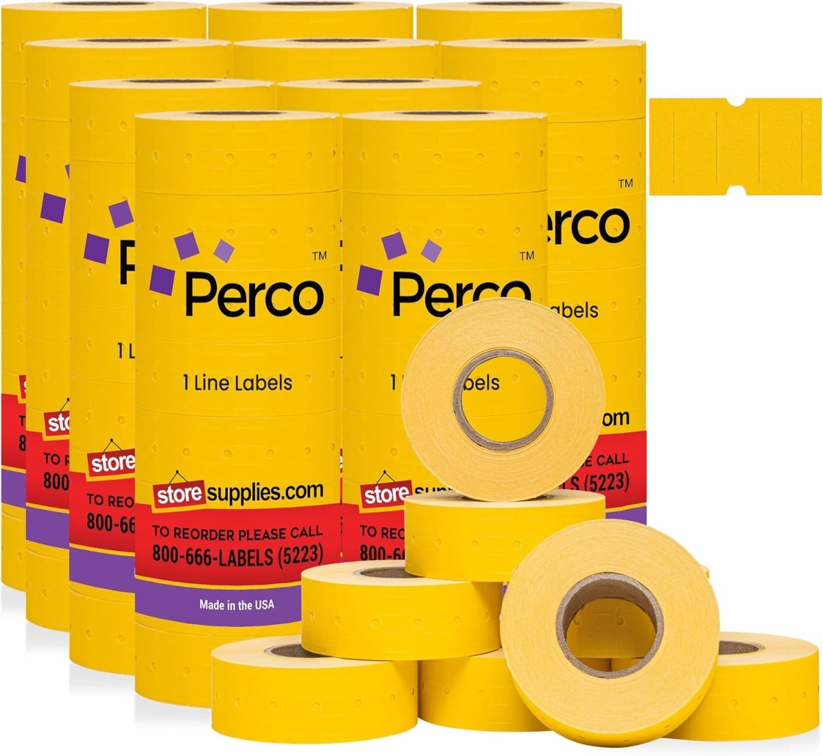 Perco 1 Line - Blank Price and Date Gun Labels for Perco Lite, X, Plus, and Pro 1 Line Price and Date Guns - Yellow Package of 10 Sleeves / 80 Rolls / 80000 Blank Pricing Labels
