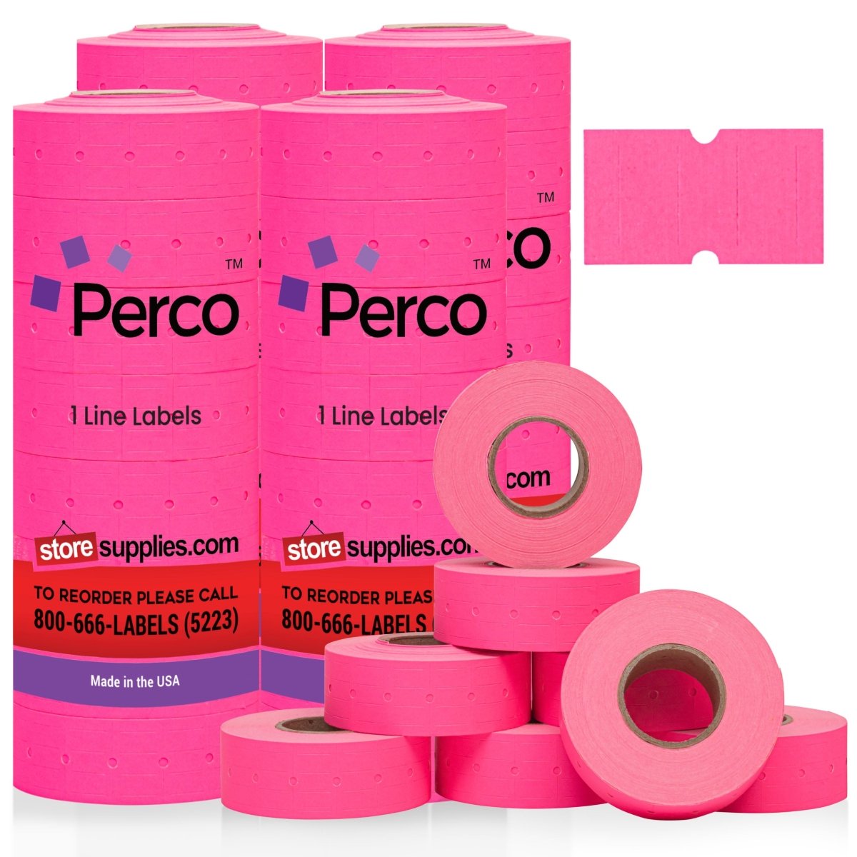 Perco 1 Line - Blank Price and Date labeler Labels for Perco Lite, X, Plus and Pro 1 Line Price and Date Labeler (Copy) - Fluorescent Pink 4 Sleeves / 32 Rolls / 32000 Blank Pricing Labels