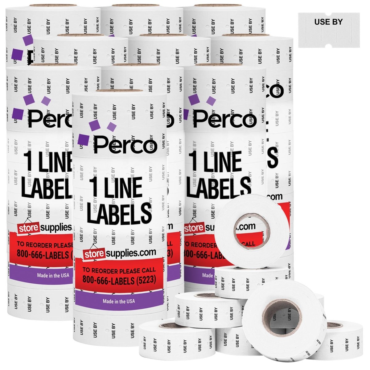 Perco 1 Line Labels - Date Labels - USE BY Case of 10 Sleeves / 80 Rolls / 80000 Blank Date Labels