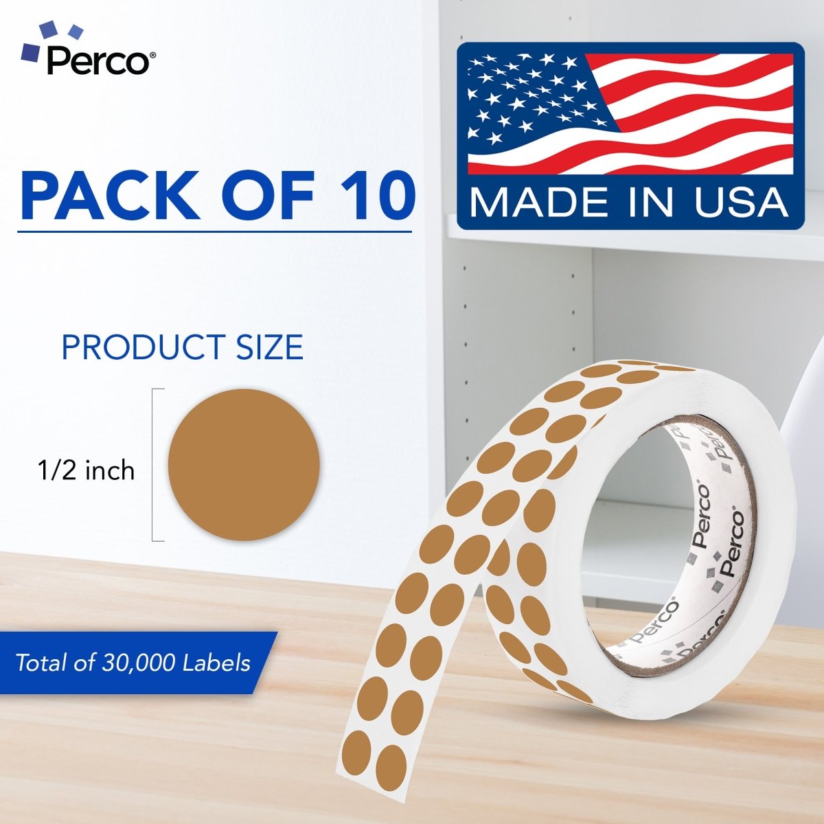 Perco 1/2 Inch Round Sticker Labels - Kraft Brown 10 Rolls