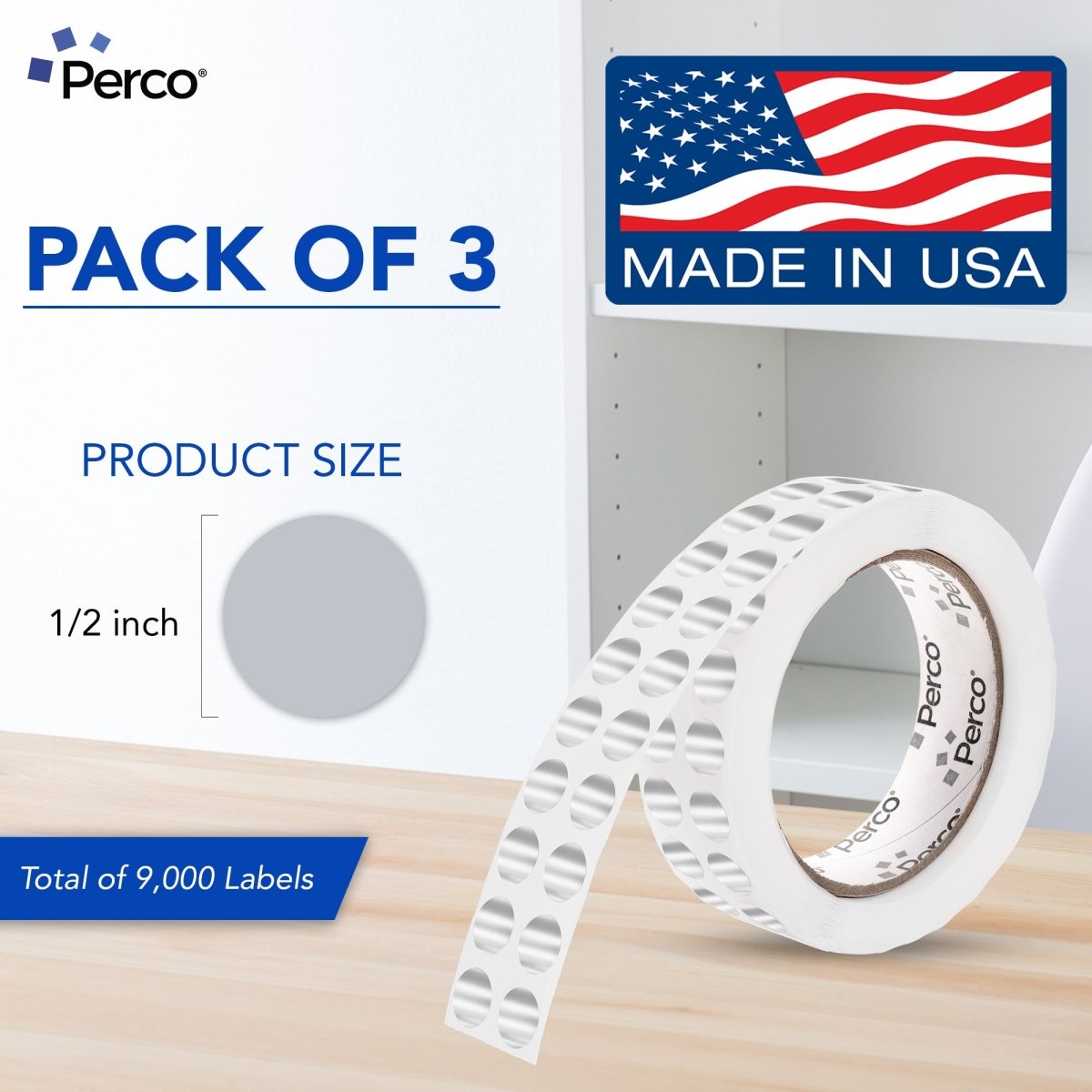 Perco 1/2 Inch Round Sticker Labels - Metallic Silver 3 Rolls