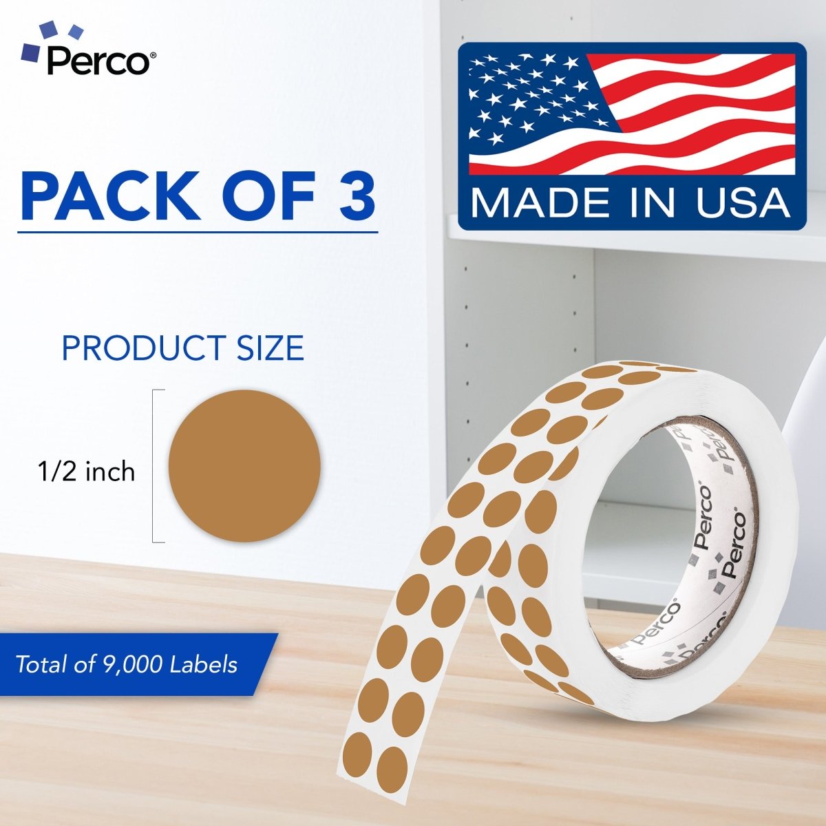 Perco 1/2 Inch Round Sticker Labels - Kraft Brown 3 Rolls