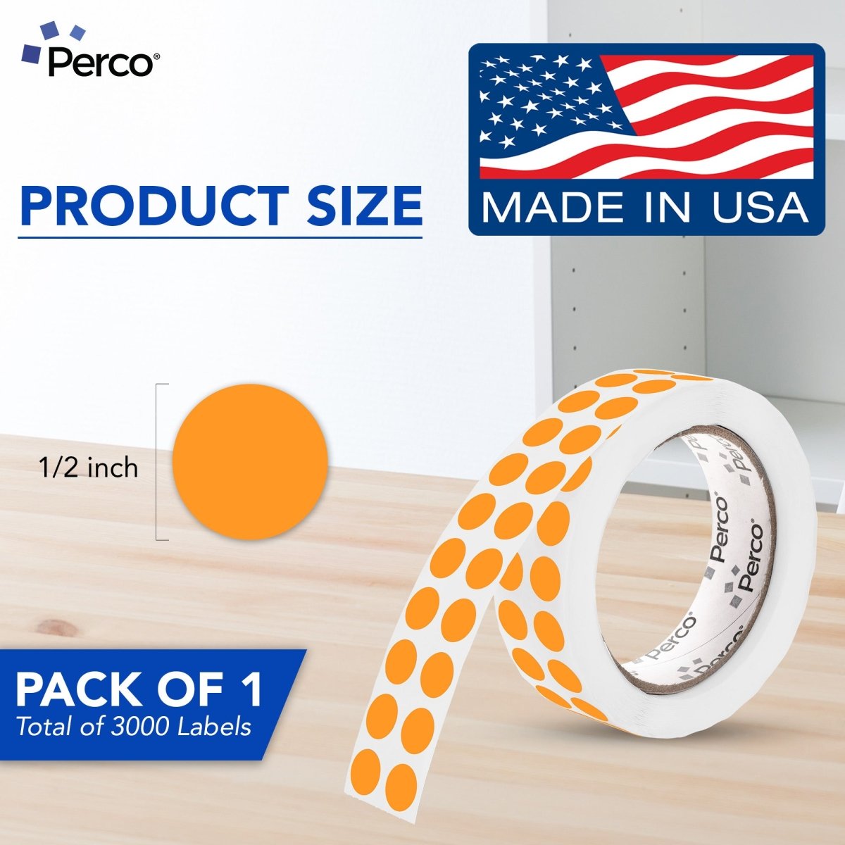 Perco 1/2 Inch Round Sticker Labels - Fluorescent Orange 1 Roll