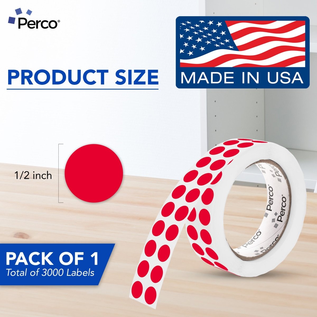 Perco 1/2 Inch Round Sticker Labels - Red 1 Roll