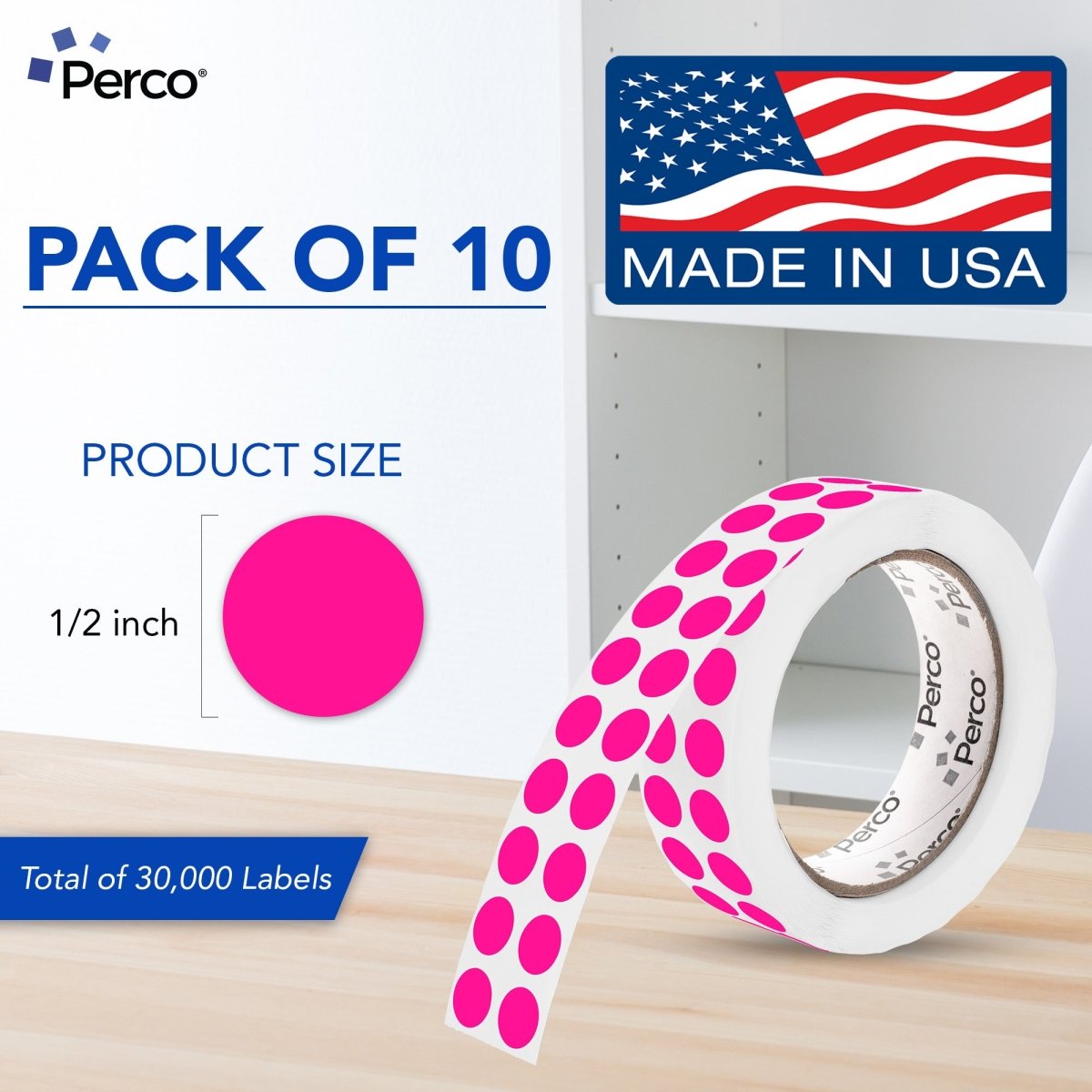 Perco 1/2 Inch Round Sticker Labels - Fluorescent Pink 10 Rolls