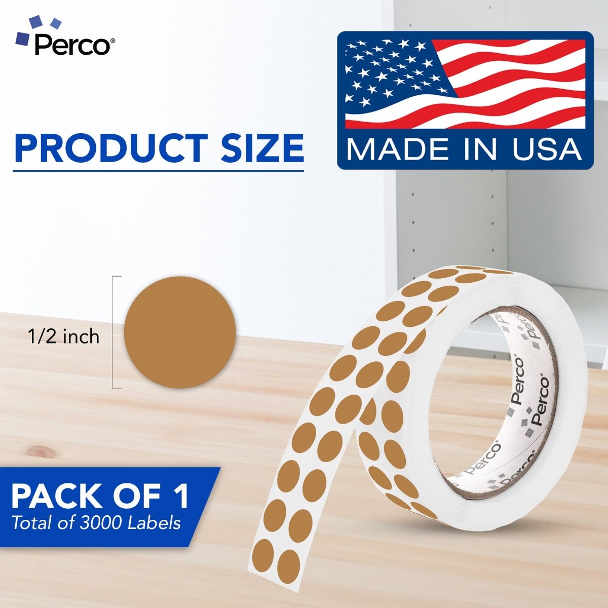 Perco 1/2 Inch Round Sticker Labels - Kraft Brown 1 Roll