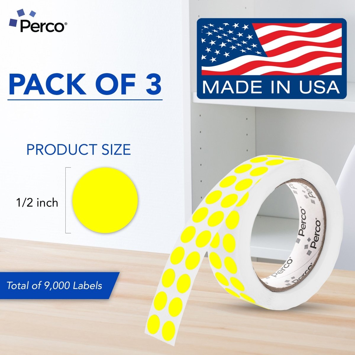 Perco 1/2 Inch Round Sticker Labels - Fluorescent Yellow 3 Rolls