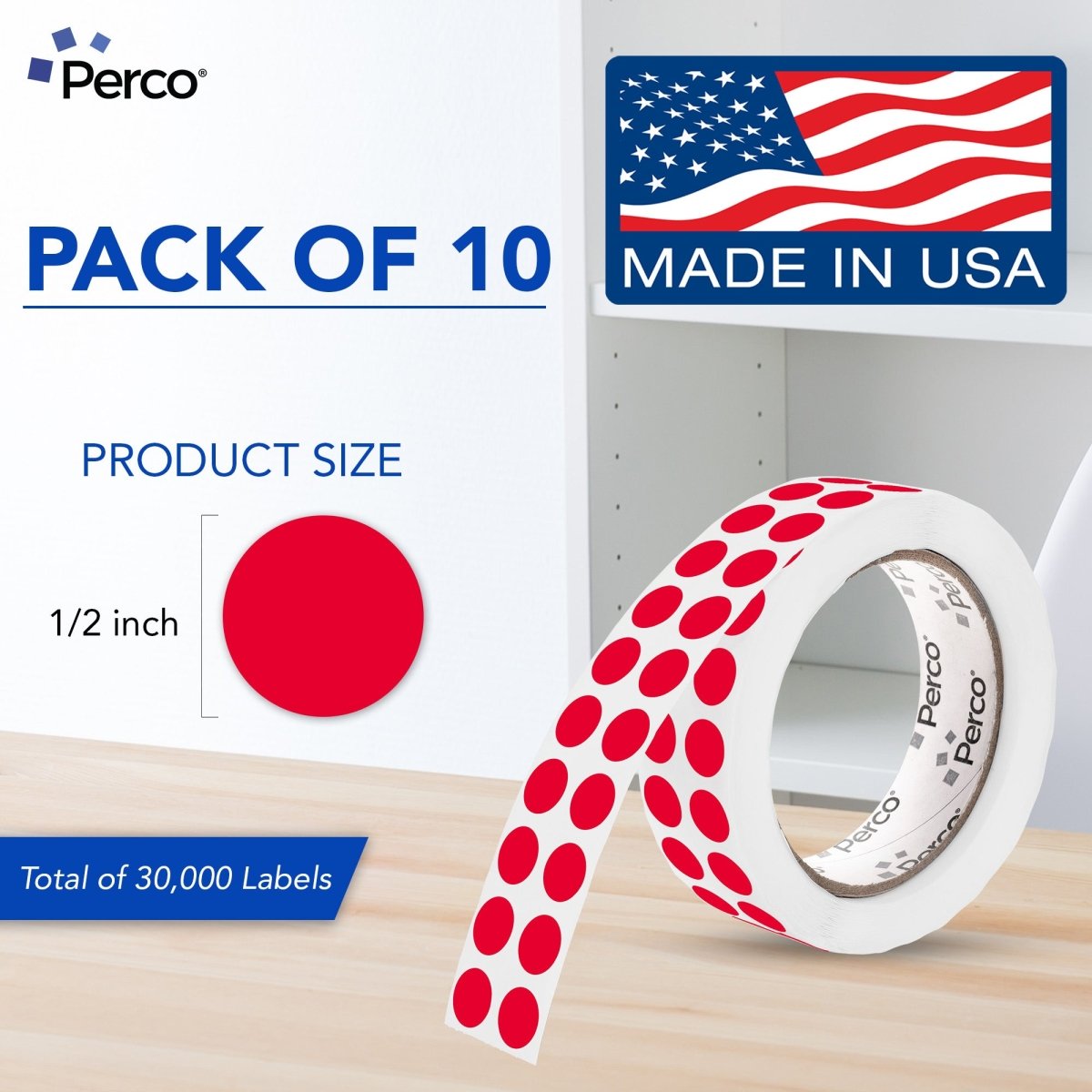 Perco 1/2 Inch Round Sticker Labels - Red 10 Rolls