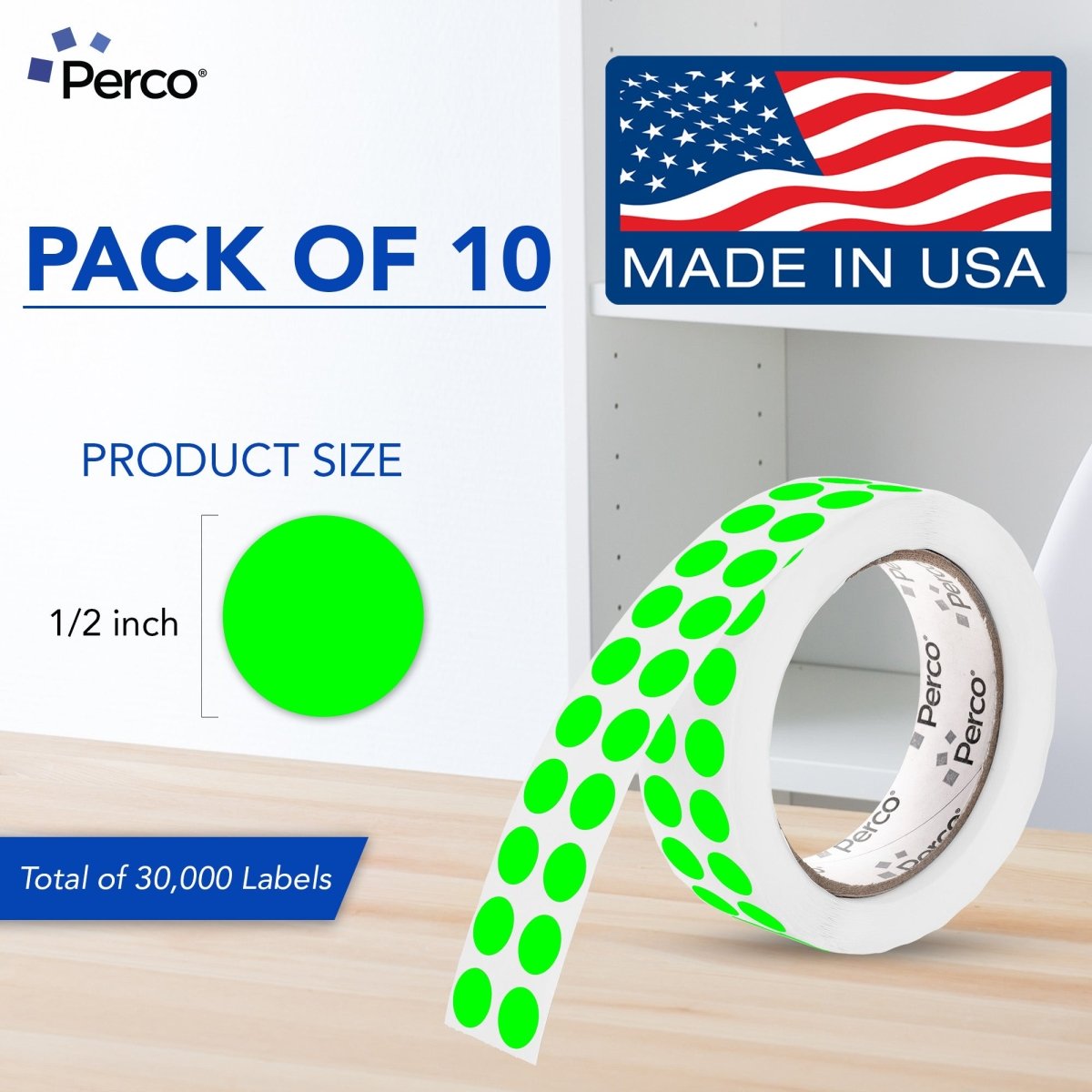 Perco 1/2 Inch Round Sticker Labels - Fluorescent Green 10 Rolls