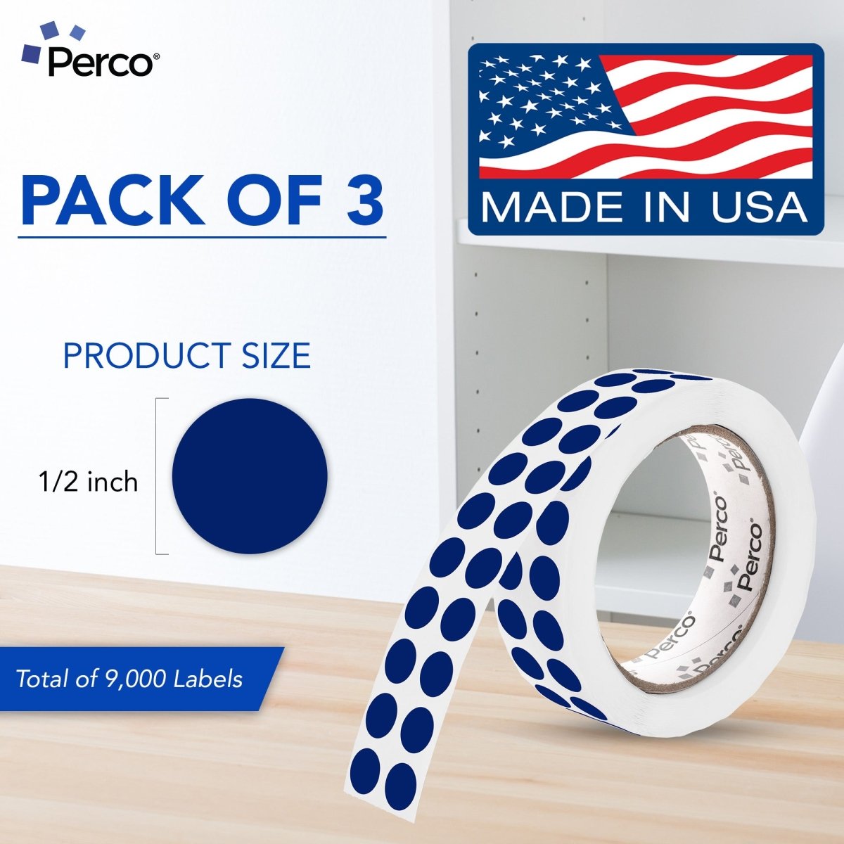 Perco 1/2 Inch Round Sticker Labels - Dark Blue 3 Rolls