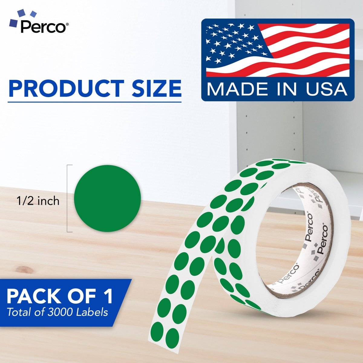 Perco 1/2 Inch Round Sticker Labels - Green 1 Roll