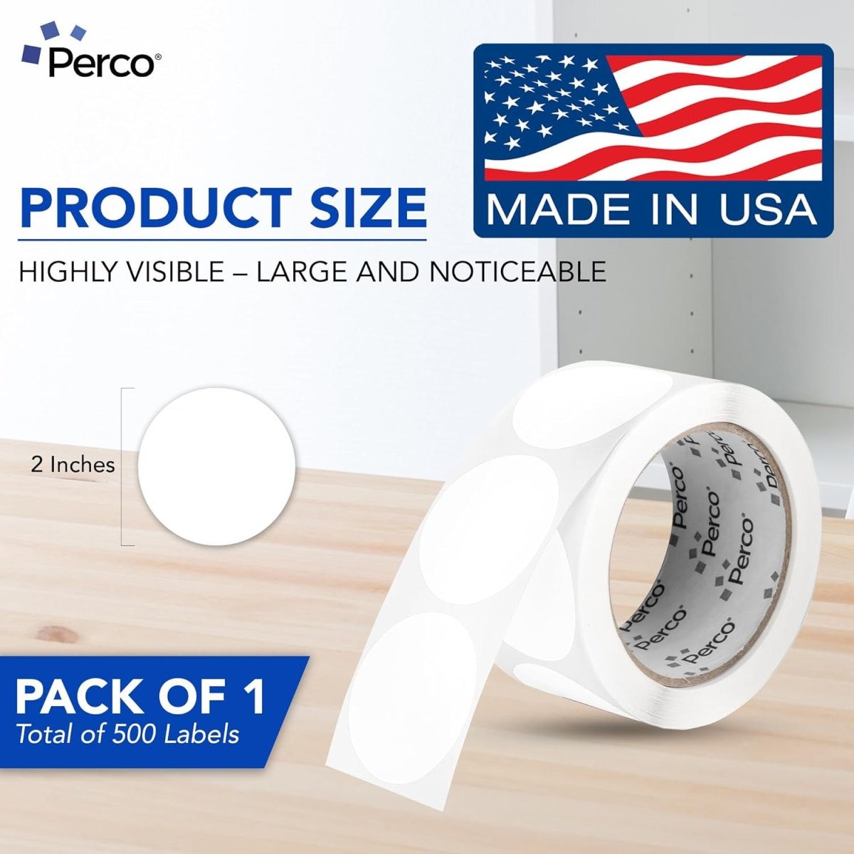 Perco 2 - Inch Round Circle Dot Sticker Labels – Easy Peel Perforation – Made in USA - White 1 Roll / 500 Labels Total