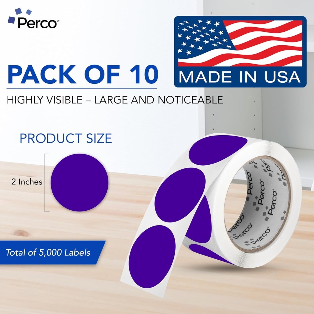 Perco 2 - Inch Round Circle Dot Sticker Labels – Easy Peel Perforation – Made in USA - Purple 10 Rolls / 500 Labels Each / 5000 Labels Total
