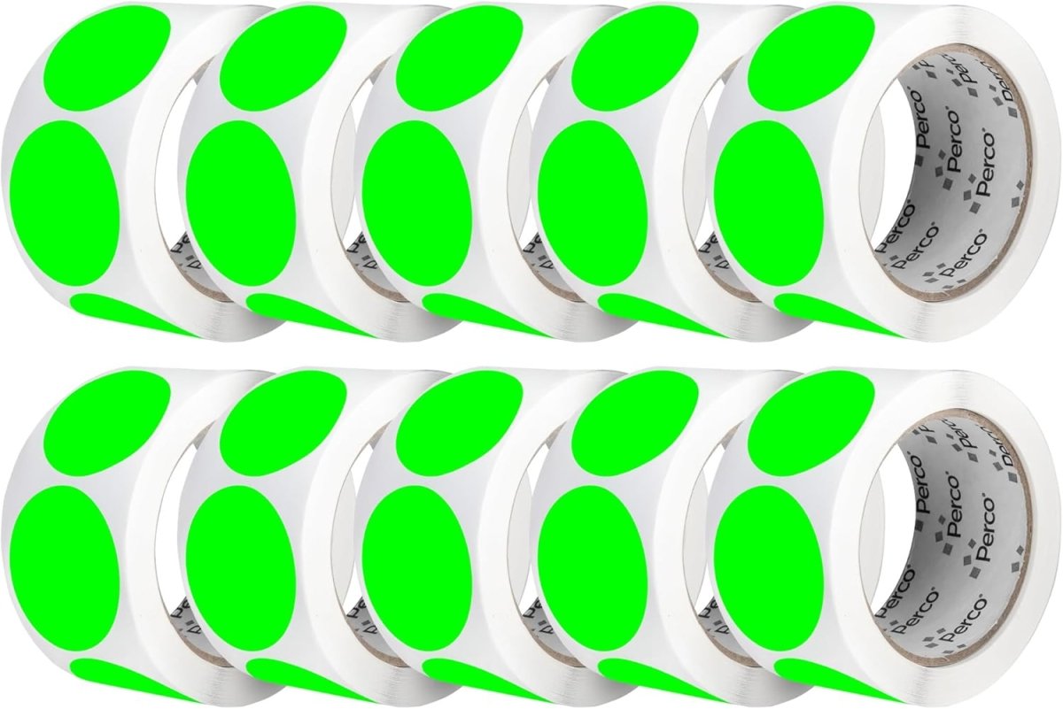 Perco 2 - Inch Round Circle Dot Sticker Labels – Easy Peel Perforation – Made in USA - Fluorescent Green 10 Rolls / 500 Labels Each / 5000 Labels Total