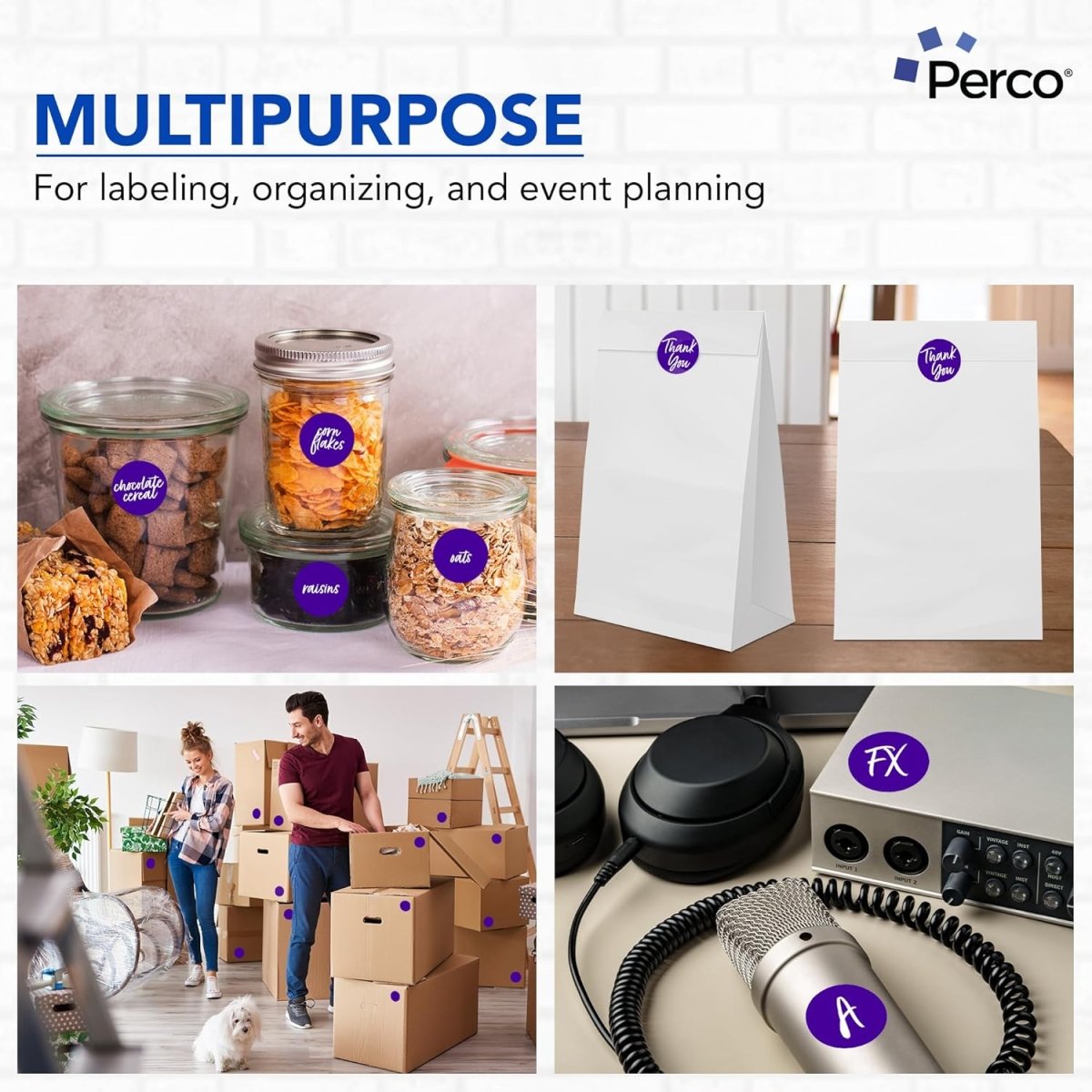 Perco 2 - Inch Round Circle Dot Sticker Labels – Easy Peel Perforation – Made in USA - Purple 3 Rolls / 500 Labels Each / 1500 Labels Total
