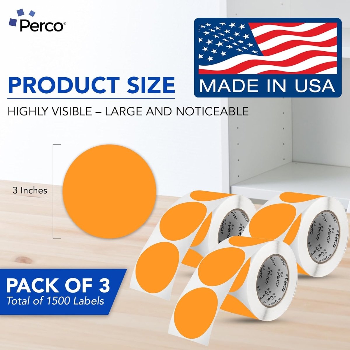 Perco 3 - Inch Round Circle Dot Sticker Labels – Easy Peel Perforation – Made in USA - Fluorescent Orange Pack of 3 rolls / 1500 Labels