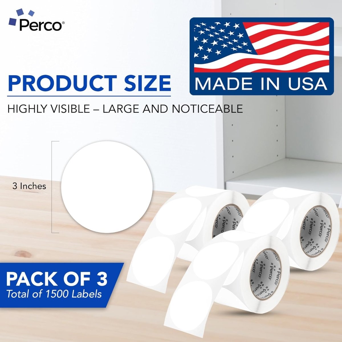Perco 3 - Inch Round Circle Dot Sticker Labels – Easy Peel Perforation – Made in USA - White Pack of 3 rolls / 1500 Labels