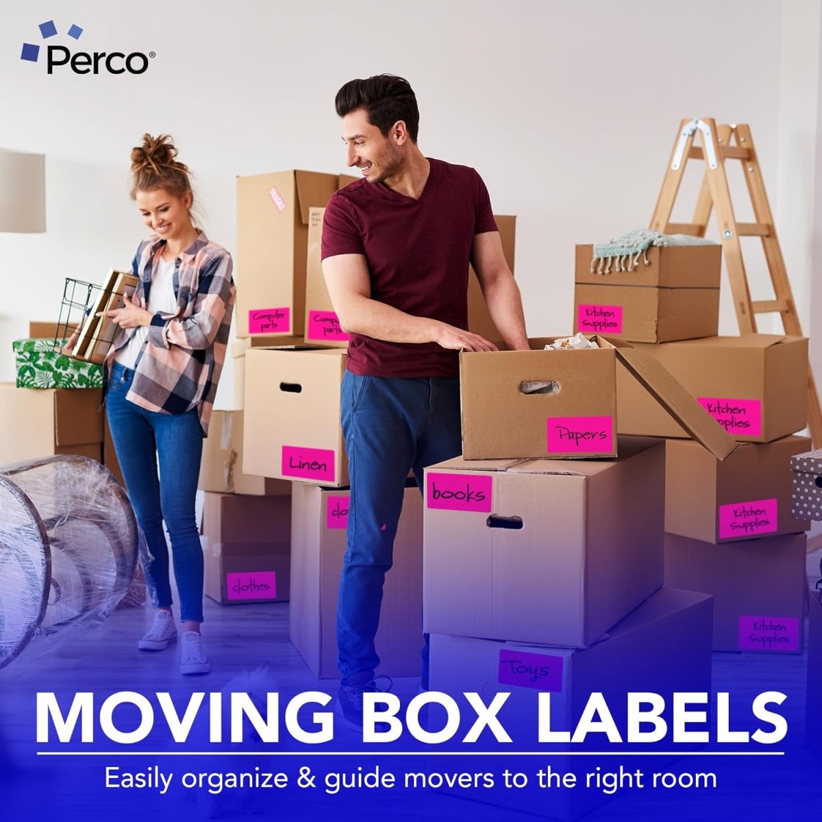 Perco 3x5 Inch - Rectangle Sticker Labels - Fluorescent Pink