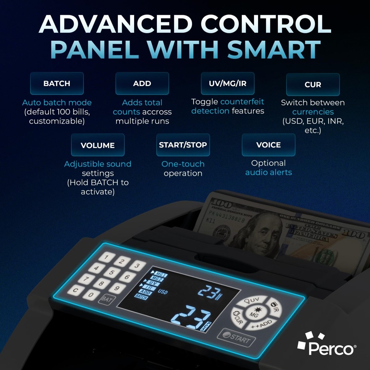 Perco Bill Counter & Counterfeit Detector Machine for Small Business with UV, MG1, MG2 & IR Detection - Bill Counter