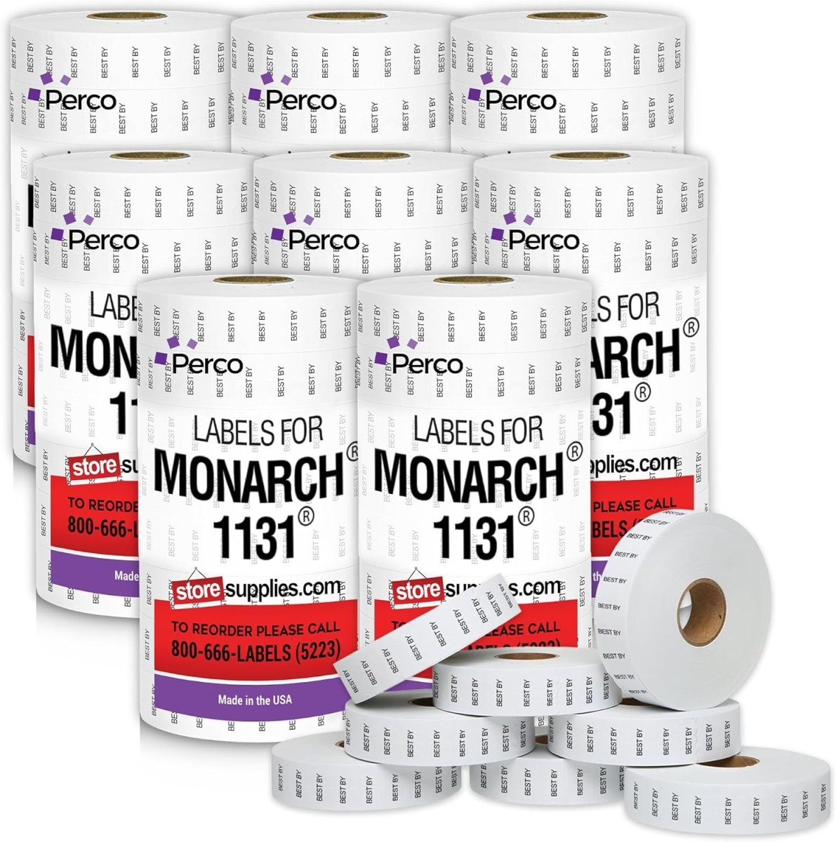 Perco Date Price Labels for Monarch 1131 - 8 Sleeves / 64 Rolls / 160000 Blank Date Labels BEST BY