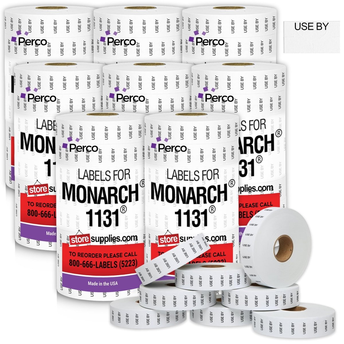 Perco Date Price Labels for Monarch 1131 - 8 Sleeves / 64 Rolls / 160000 Blank Date Labels USE BY