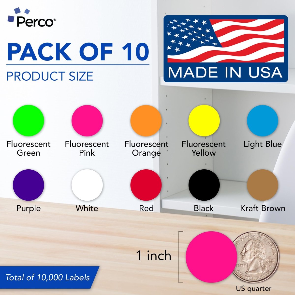 Perco Perforated Circle Dot Sticker Labels — Pack of Multicolored Rolls — with Permanent Adhesive for Calendars, Color Coding, Crafting, Garage Sales, Organizing, Displays, and More — Made in USA - 1 Inch 10 Rolls
