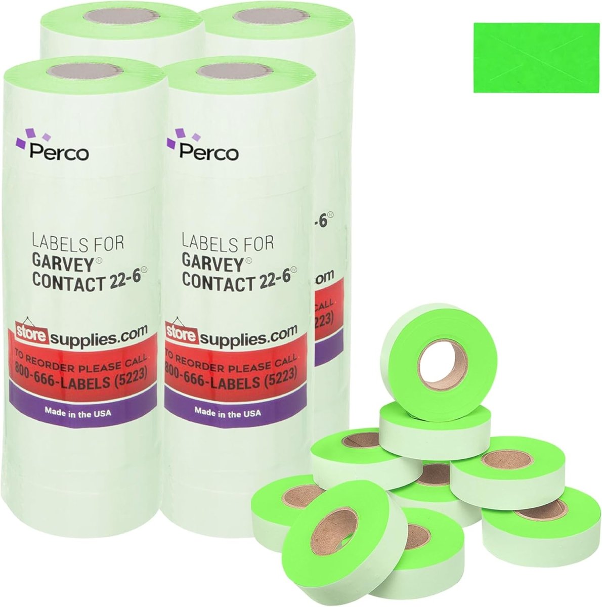 Perco Price Labels for Garvey 22-6 / 22-7 / 22-8 - Fluorescent Green 4 Sleeves / 36 Rolls / 44000 Blank Pricing Labels