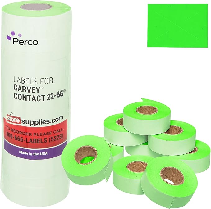 Perco Price Labels for Garvey 22 - 66 - Fluorescent Green 1 Sleeve / 9 Rolls / 9000 Blank Pricing Labels