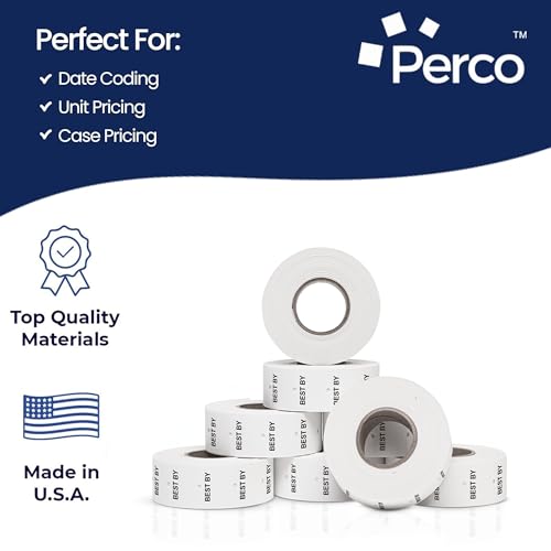 Perco Pro - 2 Line Date Labels for Perco 2 Line Date Guns - Made in USA - BEST BY 1 Sleeve / 8 Rolls / 6000 Blank Date Labels