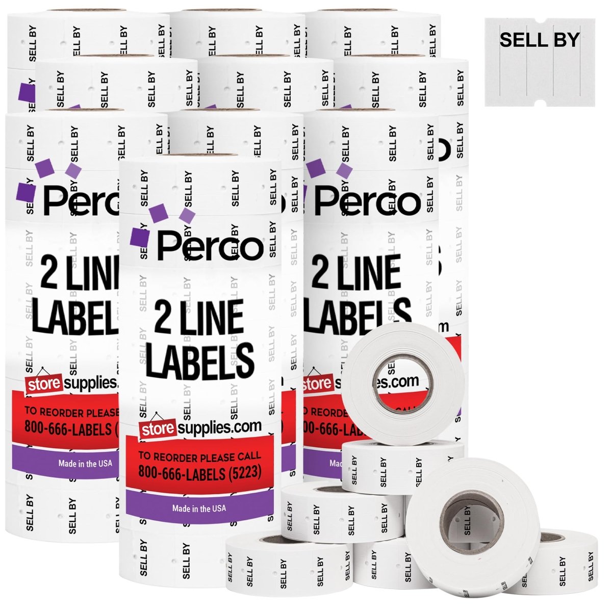 Perco Pro - 2 Line Date Labels for Perco 2 Line Date Guns - Made in USA - SELL BY 10 Sleeves / 80 Rolls / 60000 Blank Date Labels