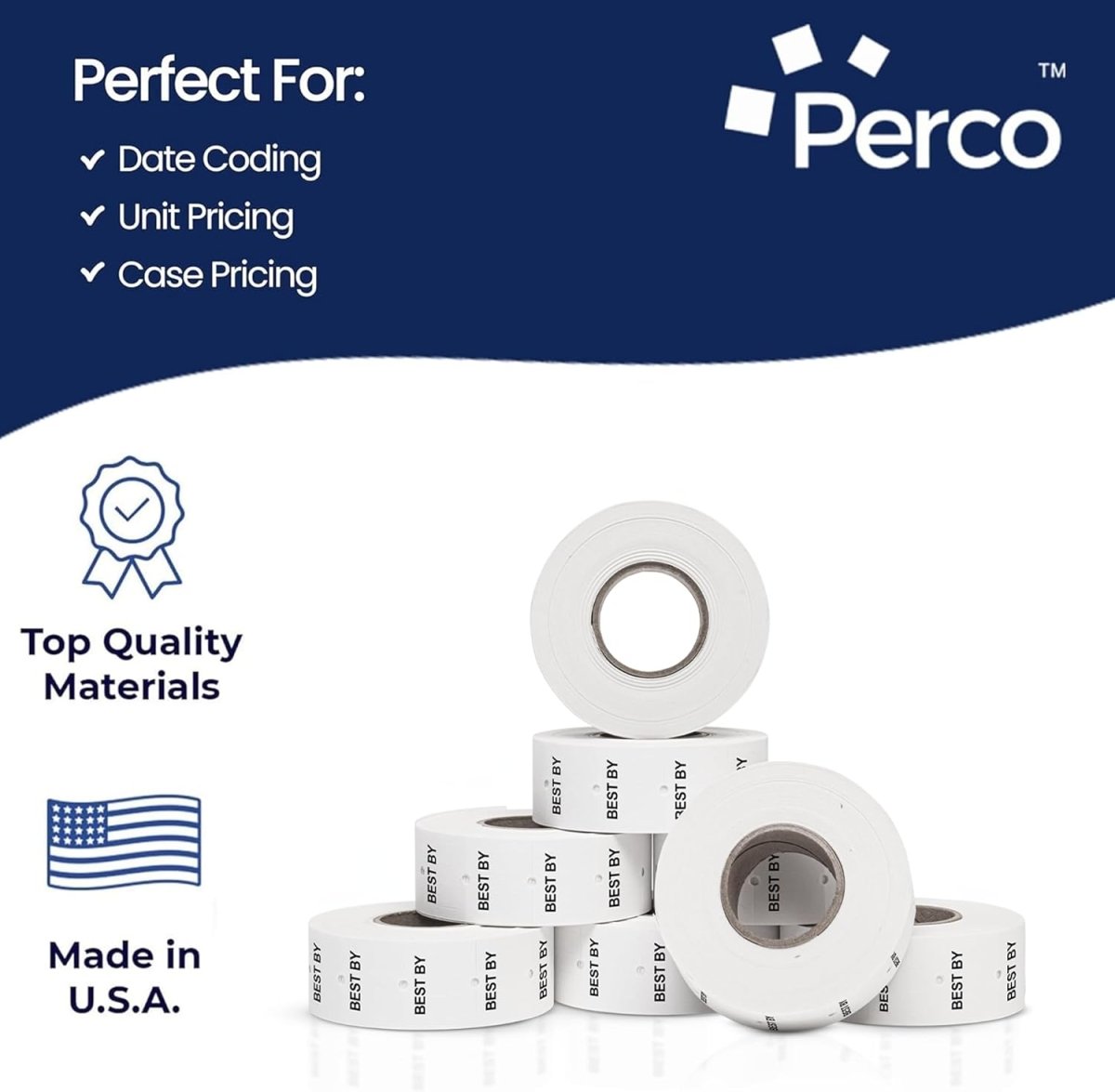 Perco Pro - 2 Line Date Labels for Perco 2 Line Date Guns - Made in USA - BEST BY 10 Sleeves / 80 Rolls / 60000 Blank Date Labels