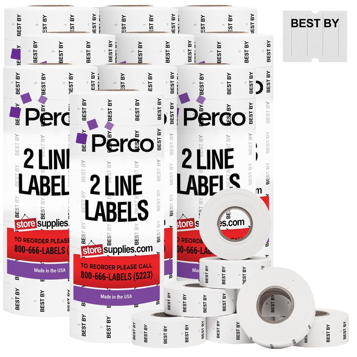 Perco Pro - 2 Line Date Labels for Perco 2 Line Date Guns - Made in USA - BEST BY 10 Sleeves / 80 Rolls / 60000 Blank Date Labels