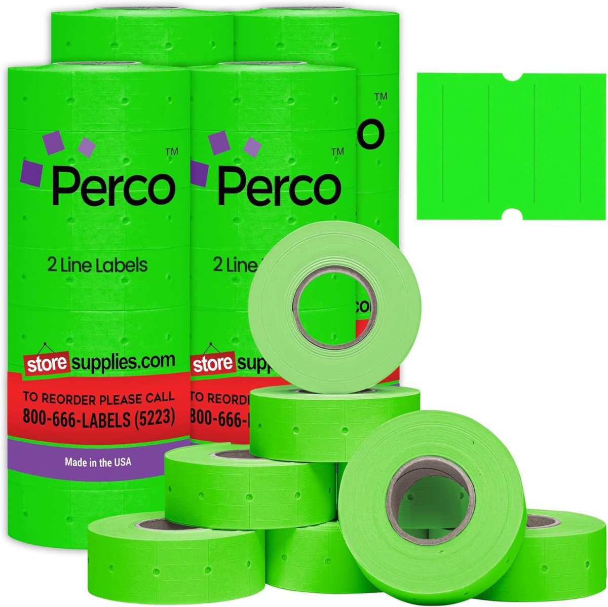 Perco Pro 2 - Line Labels - Fluorescent Green Package of 4 Sleeves / 32 Rolls / 24000 Blank Pricing Labels