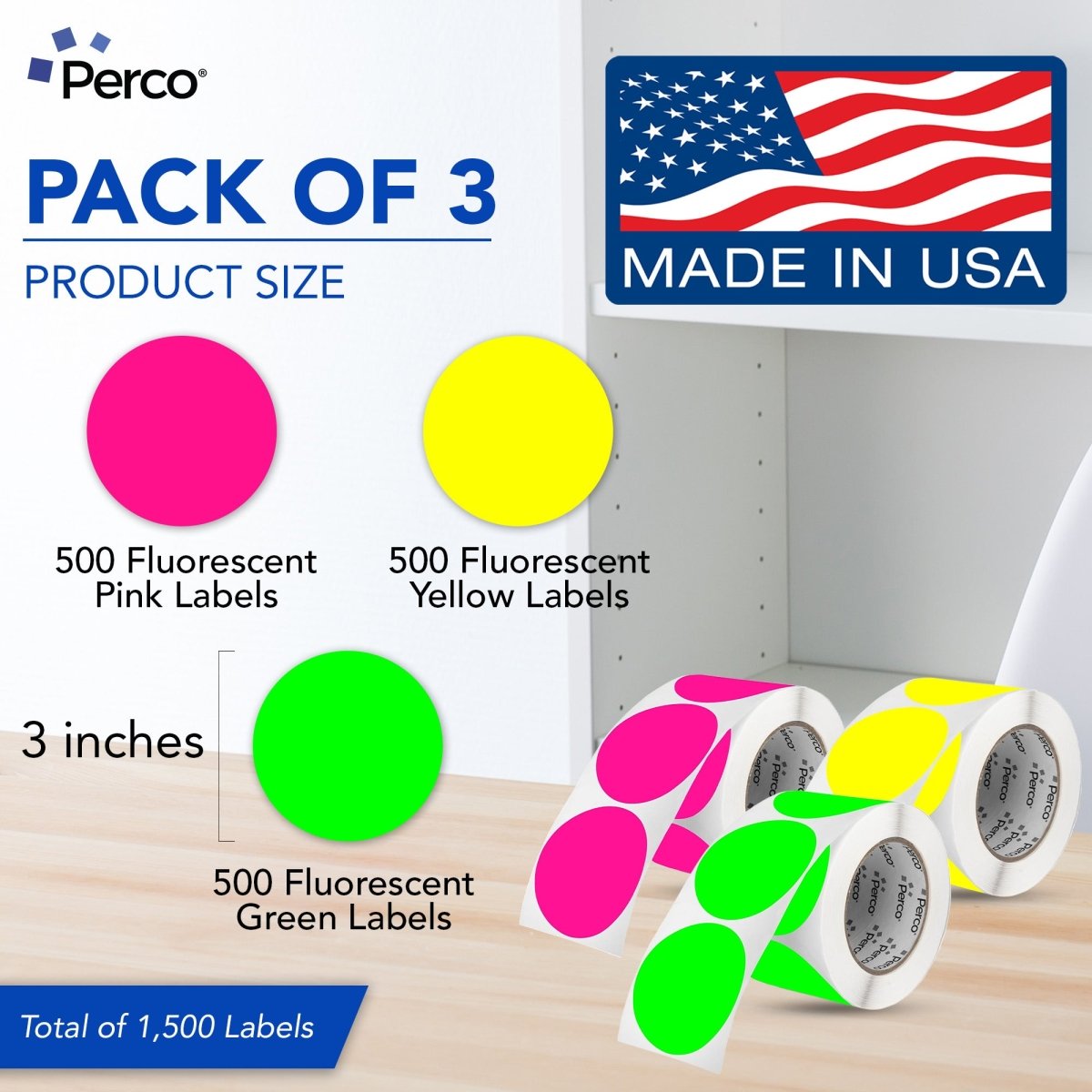Perco Round Dot Sticker Labels - Permanent Adhesive, 0.5 to 4 Inch, 3 - Roll & 10 - Roll Packs - 3 Inch 10 Rolls