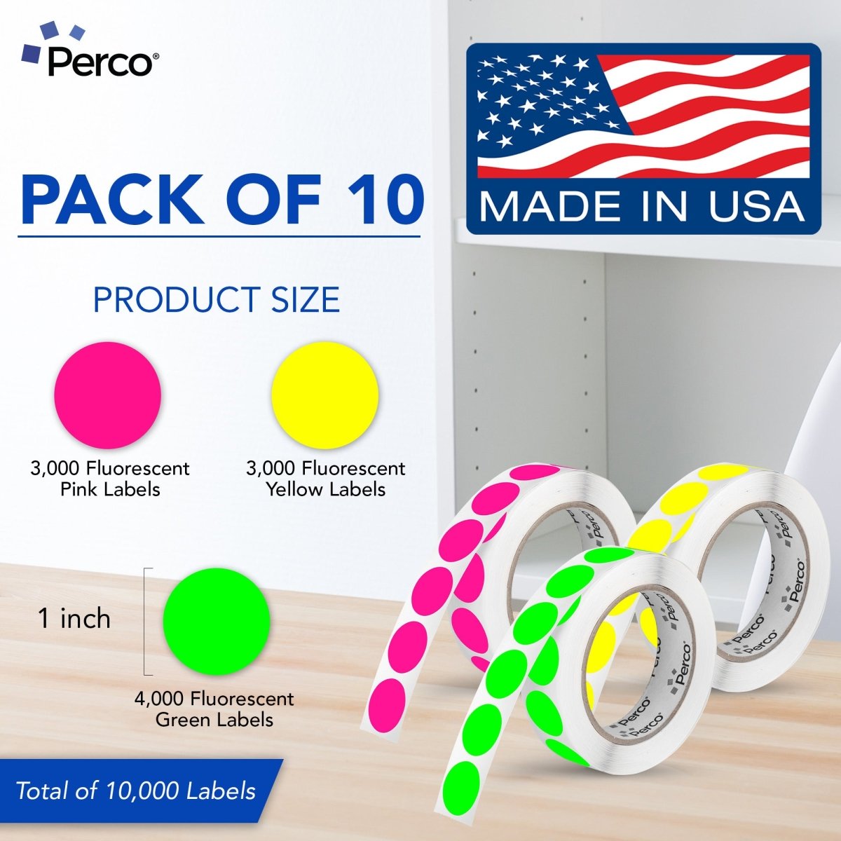 Perco Round Dot Sticker Labels - Permanent Adhesive, 0.5 to 4 Inch, 3 - Roll & 10 - Roll Packs - 1 Inch 10 Rolls
