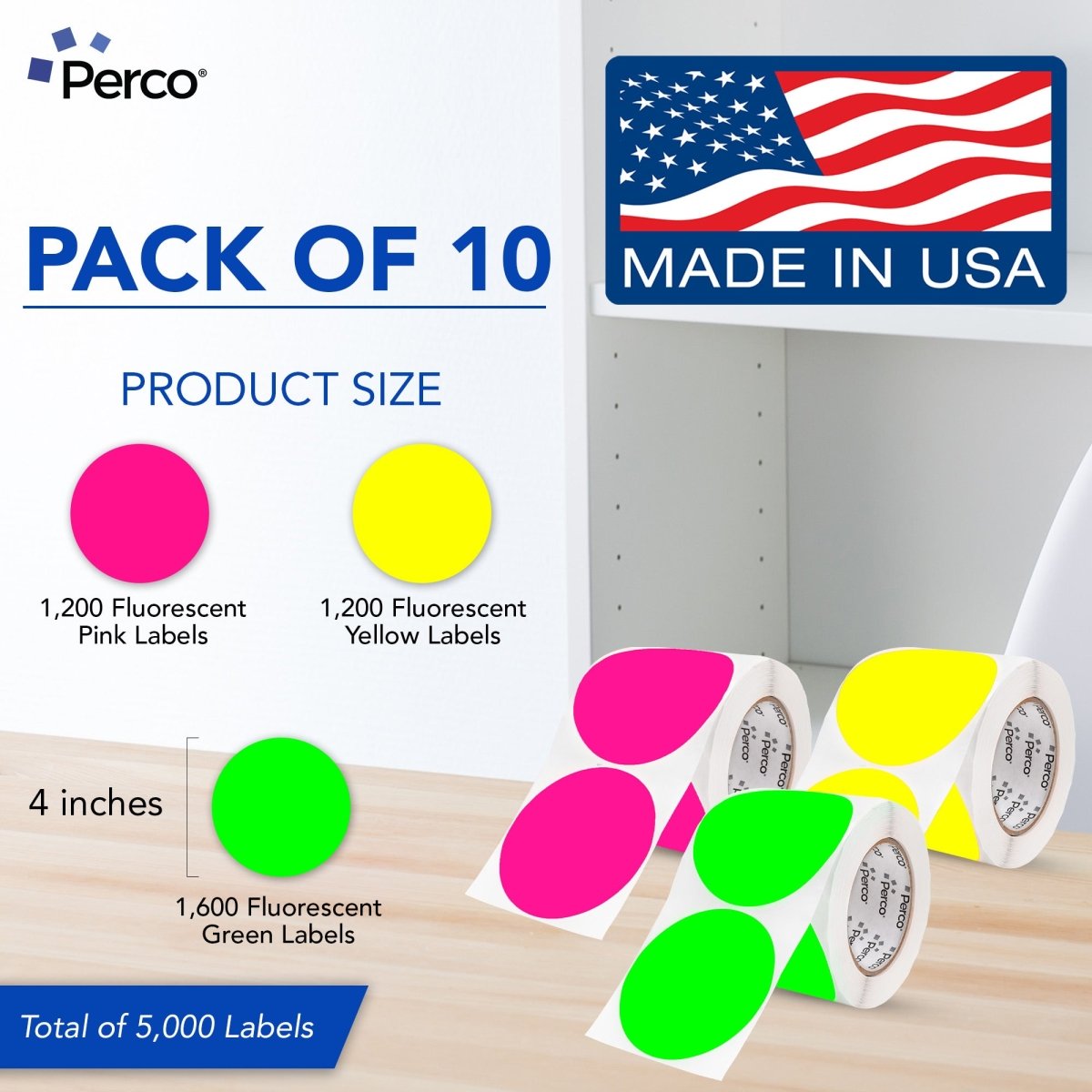 Perco Round Dot Sticker Labels - Permanent Adhesive, 0.5 to 4 Inch, 3 - Roll & 10 - Roll Packs - 4 Inch 10 Rolls