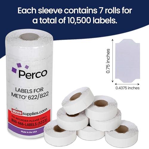 Perco Standard Adhesive White Labels for Meto 622/822 Price Gun - 14 Rolls, 21000 Labels with 1 Inker - Store Supplies