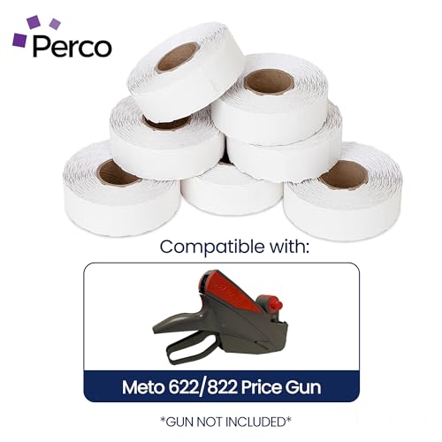 Perco Standard Adhesive White Labels for Meto 622/822 Price Gun - 14 Rolls, 21000 Labels with 1 Inker - Store Supplies