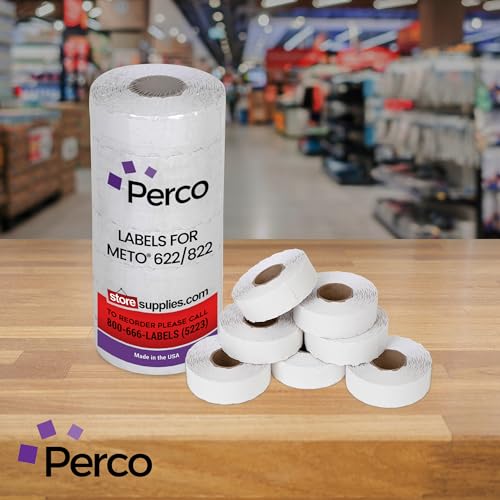 Perco Standard Adhesive White Labels for Meto 622/822 Price Gun - 14 Rolls, 21000 Labels with 1 Inker - Store Supplies