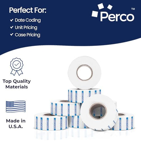 Perco label rolls with Grocery text in reverse print on a blue bar with a white background